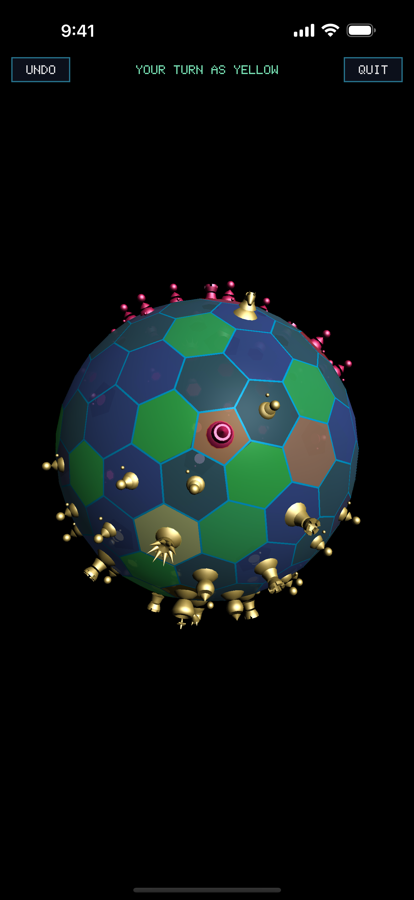 Gameplay with pieces on sphere